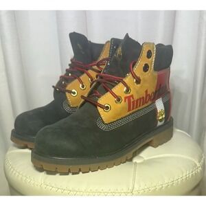 Kids Timberland 6 Inch Premium Boots Black Red Yellow Logo Size Youth